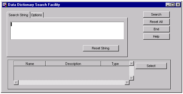 Data Dictionary Search Facility Window