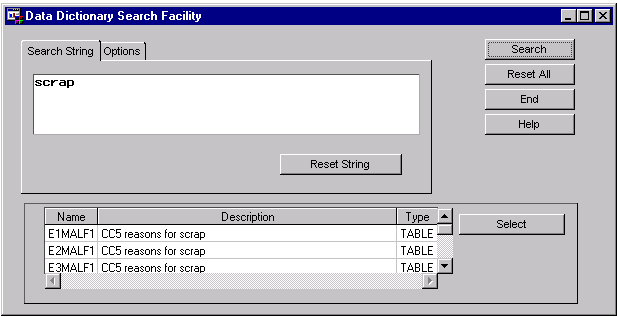 Data Dictionary Search Facility Window (searching for “scrap”)