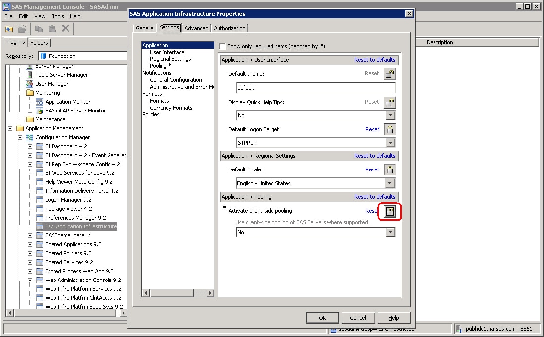 SAS Application Infrastructure Properties dialog box