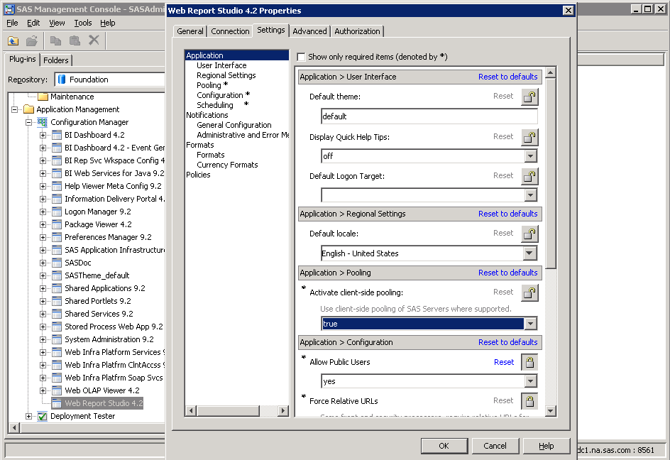 Web Report Studio 4.2 Properties dialog box