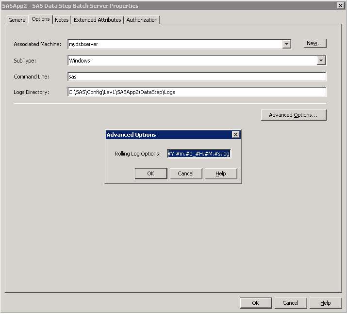 SAS DATA Step Batch Server dialog boxes