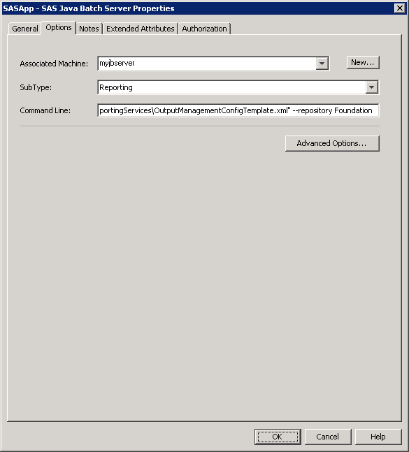 SAS Java Batch Server Properties dialog box