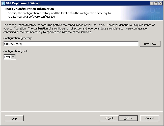 SAS Deployment Wizard Specify Configuration Information dialog box