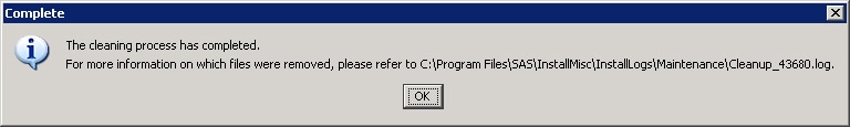 SAS Update File Cleanup Utility Complete alert box