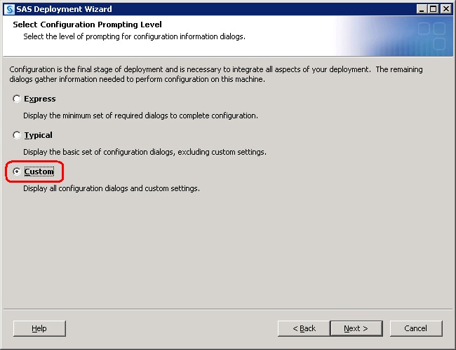 Select Configuration Prompting Level page