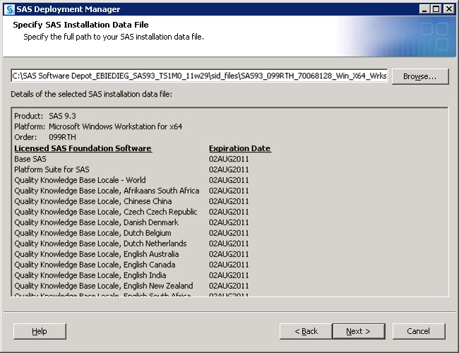 Specify SAS Installation Data File page