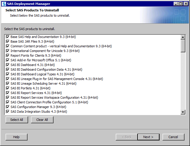 Select SAS Products to Uninstall page