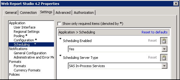 SAS Web Report Studio scheduling properties