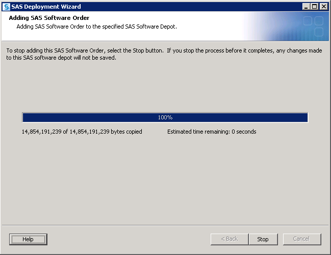 SAS Deployment Wizard depot progress indicator complete page