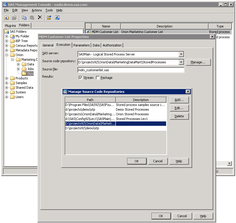 Changing a stored process repository in the SAS Management Console