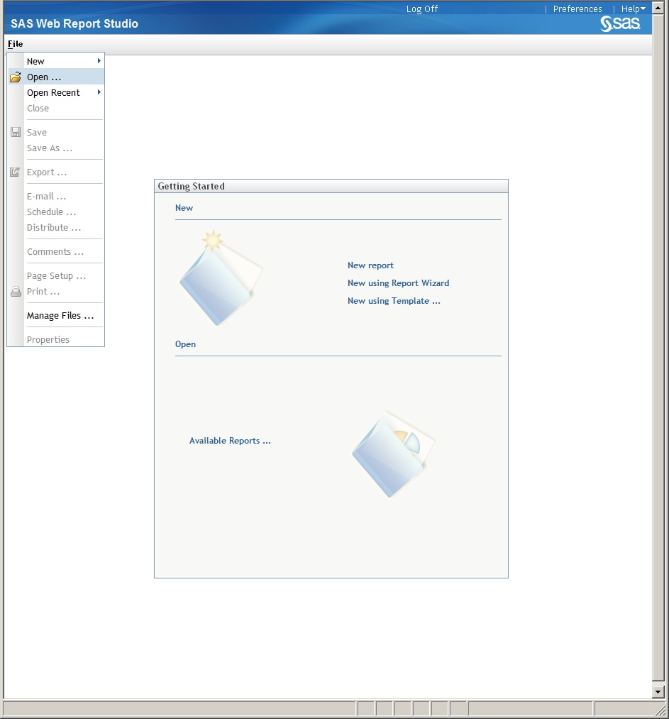 SAS Web Report Studio Open window