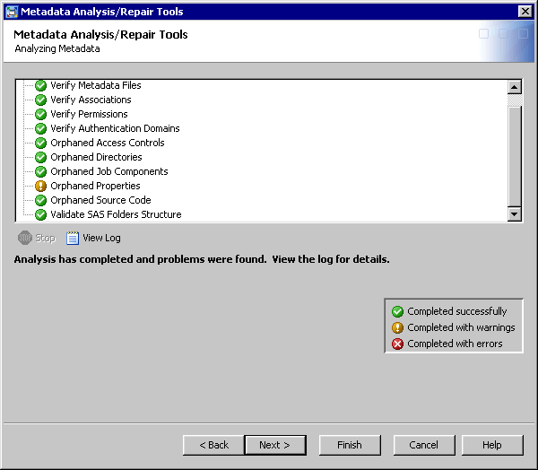 Analysis results page in Metadata Analyze and Repair wizard