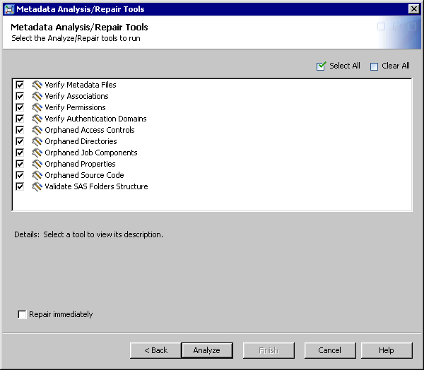 Tools selection page in Metadata Analyze and Repair wizard
