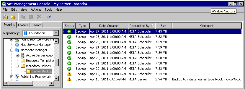 Backup and recovery history panel in SAS Management Console