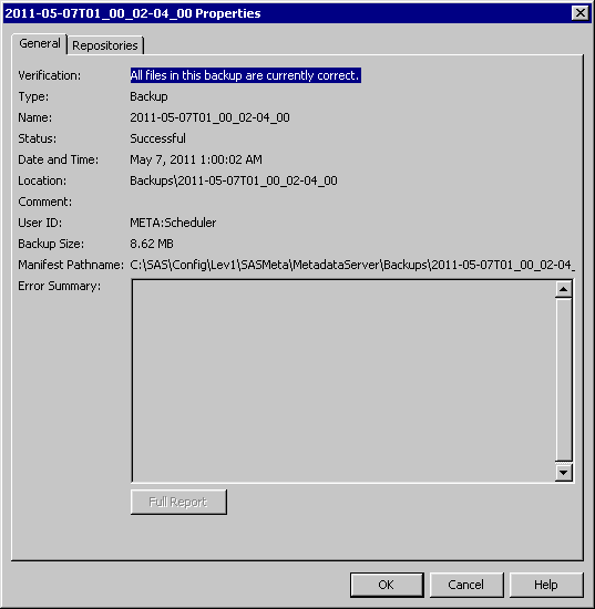 Properties dialog box for a metadata server backup or recovery