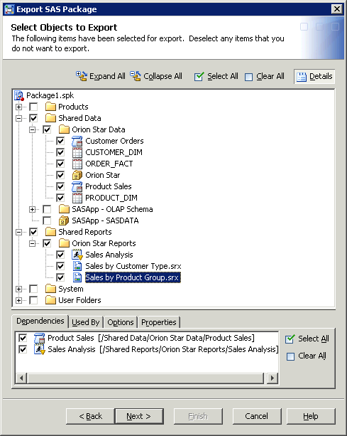 Export SAS Package wizard: Page 2 with Dependencies tab displayed