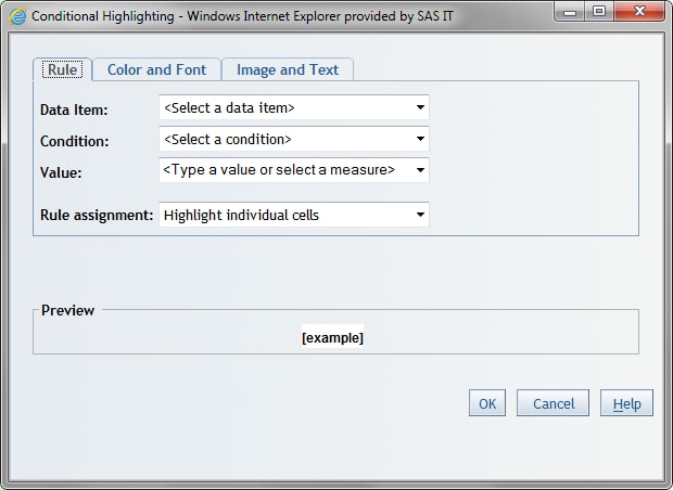 Rule Tab in the Conditional Highlighting Dialog Box for a List Table Using Relational Data