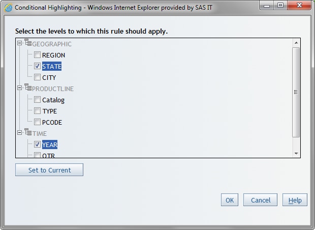 Selected Hierarchy Levels in the Conditional Highlighting Dialog Box