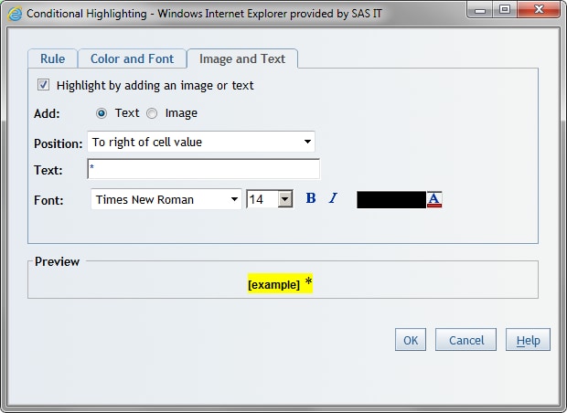 Image and Text Tab in the Conditional Highlighting Dialog Box for Tables with Text Specified