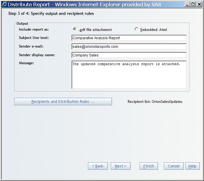 Distribute Report Wizard: Specify Output and Recipient Rules