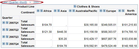 In the Hierarchy Level Year, the Member 2007 Has Been Drilled to Display Values for the Quarter Hierarchy Level