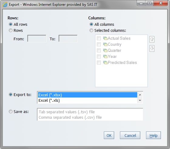 Export dialog box for list tables with the export to Microsoft Excel option selected