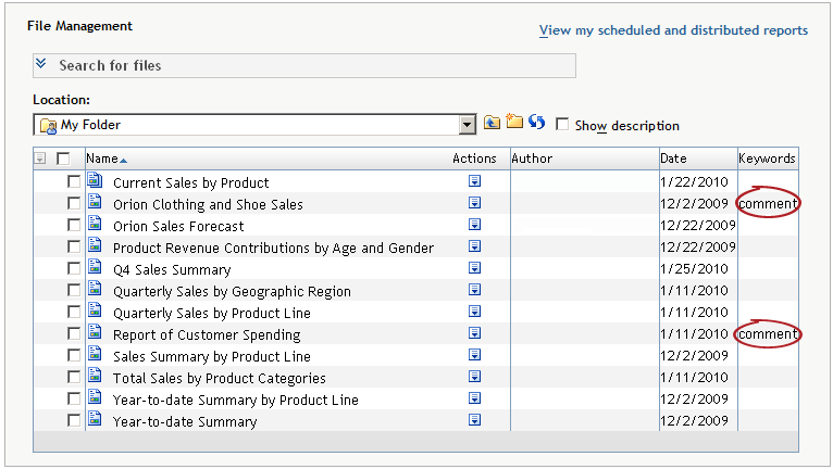 File Management Window Showing That Comments Exist For Reports