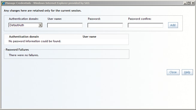 Manage Credentials Dialog Box with No Credentials Entered