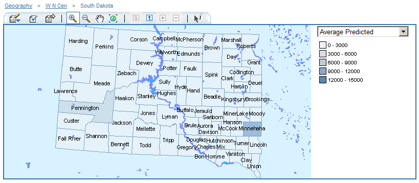 In the US Regions Hierarchy Level, the West N. Central Member Has Been Drilled to Display Values for the County Hierarchy Level