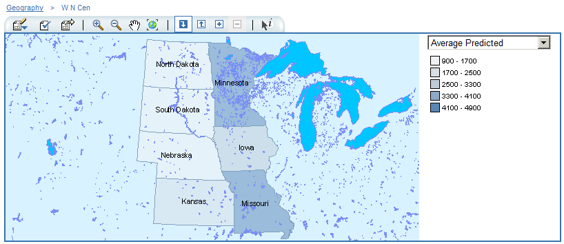 In the US Regions Hierarchy Level, the West N. Central Member Has Been Expanded to Display Values for the State Hierarchy Level