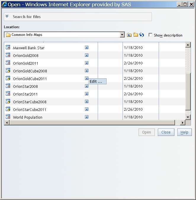 Actions Menu for Information Maps in the Open Dialog Box