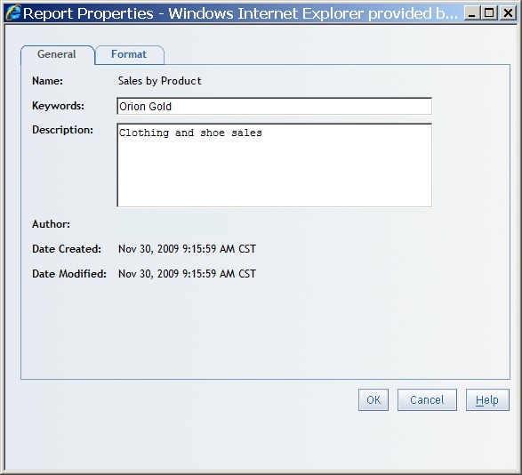 General Tab of the Report Properties Dialog Box