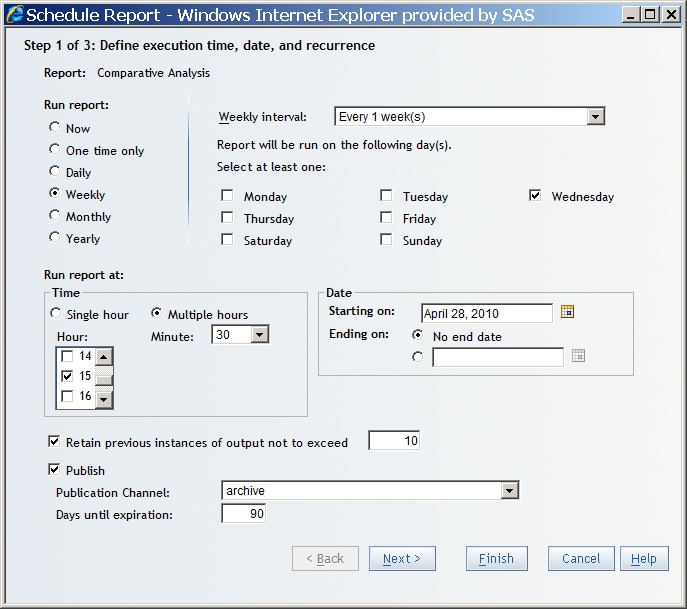 Schedule Report Wizard: Define Execution Time, Date, and Recurrence