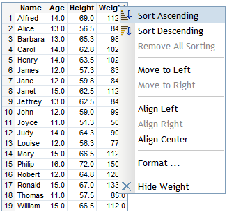 Sort Ascending and Sort Descending Menu Options for a List Table