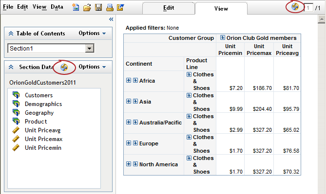 Synchronized Data Icon in the Section Data Panel and on the Toolbar