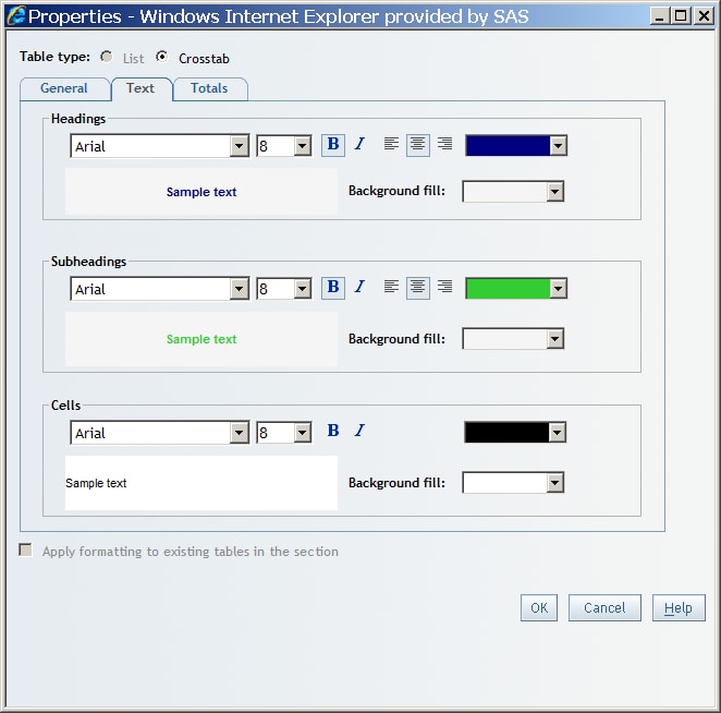 New Headings and Subheading Colors Specified in the Properties Dialog Box for a Crosstabulation Table