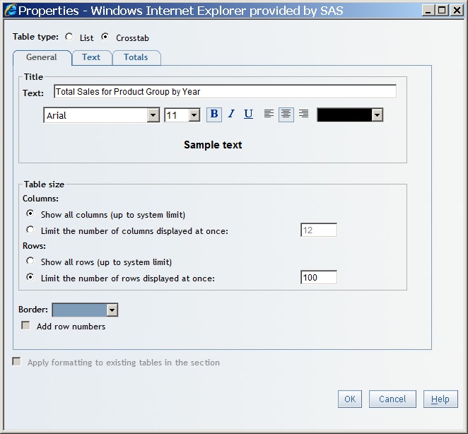 New Table Sizes Specified in the Properties Dialog Box