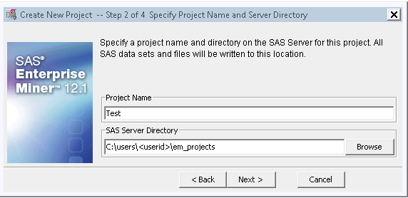 Specify the Project Name and Server Directory window