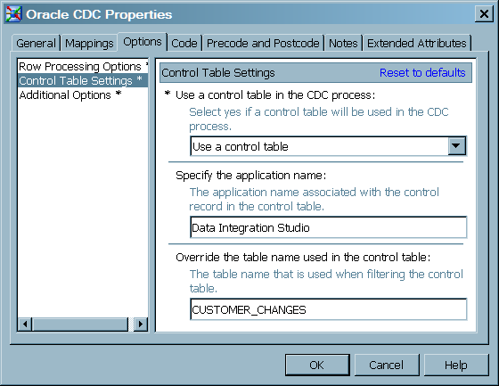 Completed Control Table Options