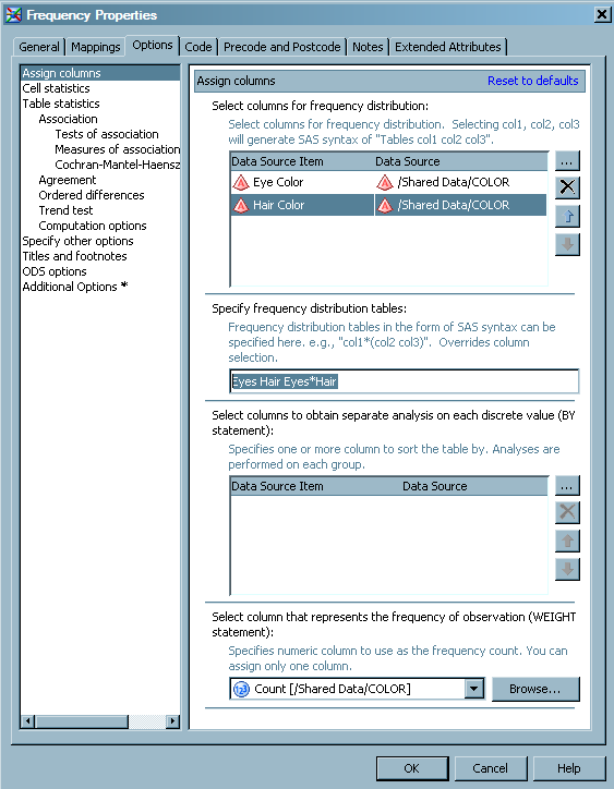 Frequency Column Options