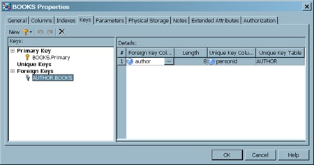 Keys Tab with a Foreign Key Selected