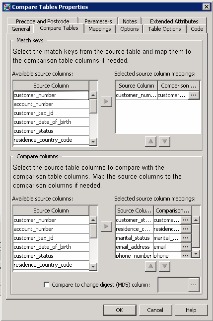 Compare Tables Properties Window