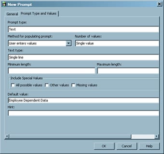 Sample Prompt Type and Value Tab for the ReportTitle Option