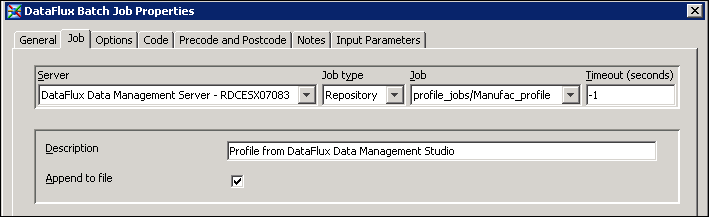 Job Tab for the DataFlux Batch Job Transformation