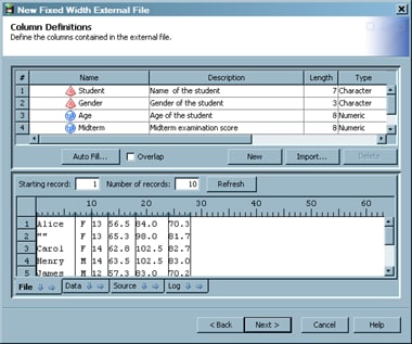 Sample Completed Column Definitions Page