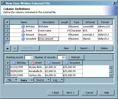 Completed Column Definitions Window