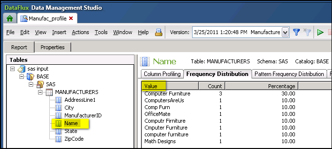 Profile Shows Data Errors in the Name Column of the MANUFACTURERS Table