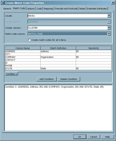 Fully Configured Match Code Tab