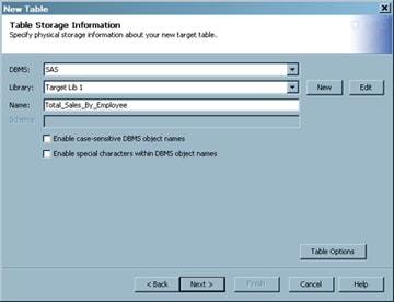 Sample Table Storage Settings