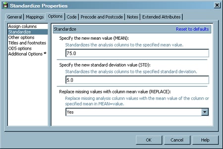 Sample Standardize Options